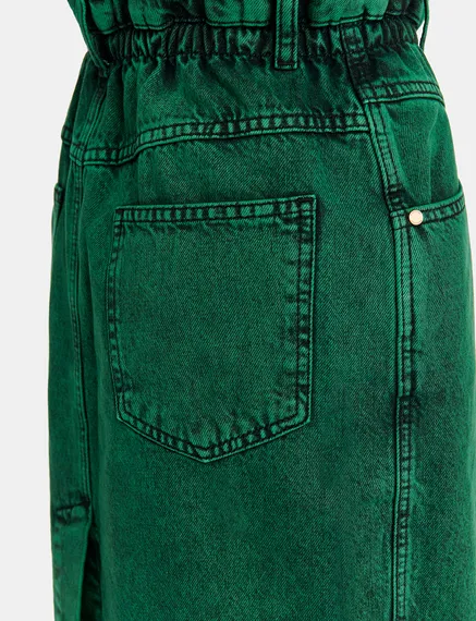 Jupe midi en denim surteint vert foncé avec taille paperbag