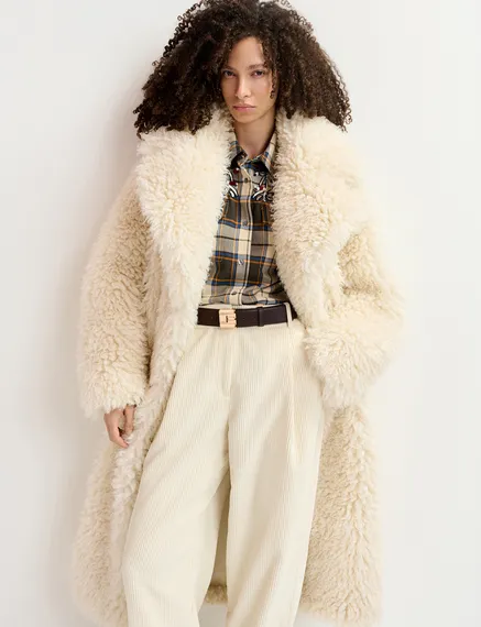 Cappotto oversize in shearling ecologico écru