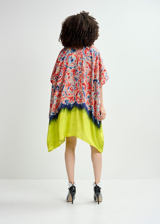 Rode en blauwe midi-jurk met print en dip-dye