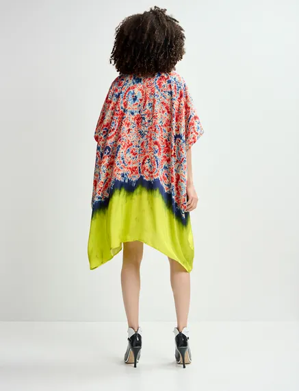 Rode en blauwe midi-jurk met print en dip-dye