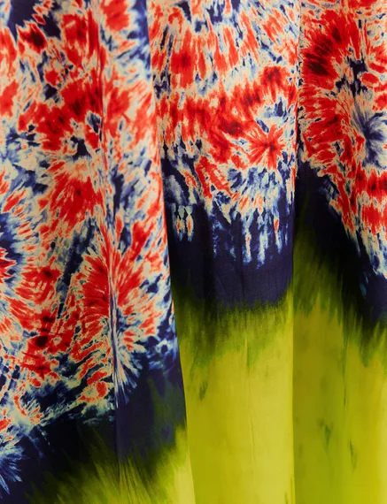 Rode en blauwe midi-jurk met print en dip-dye