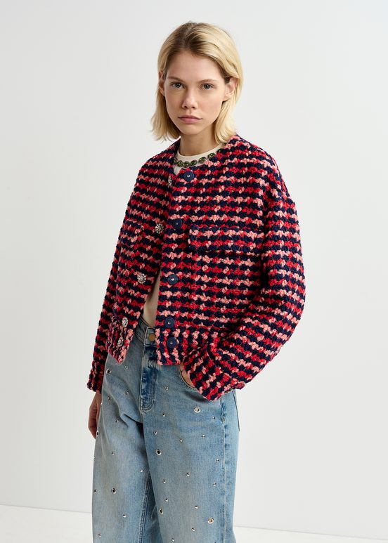 Veste en tweed de laine mélangée bleu marine, rouge et pêche