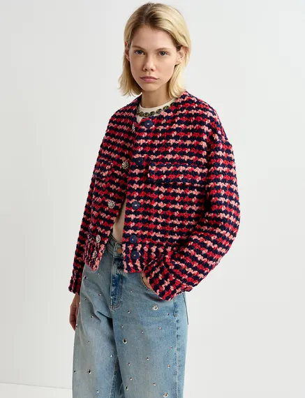 Veste en tweed de laine mélangée bleu marine, rouge et pêche