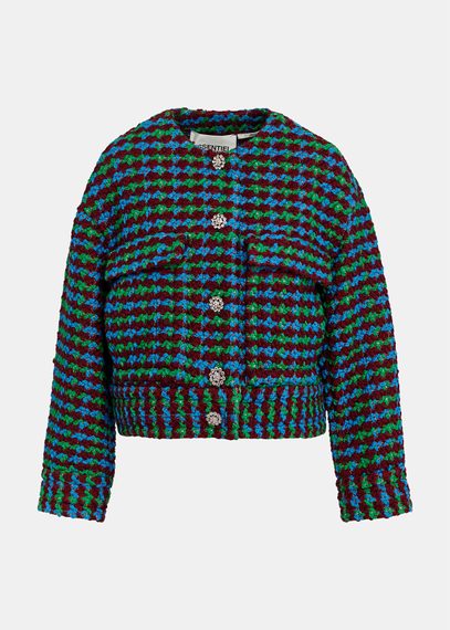 Burgundy, blue and green wool-blend tweed jacket