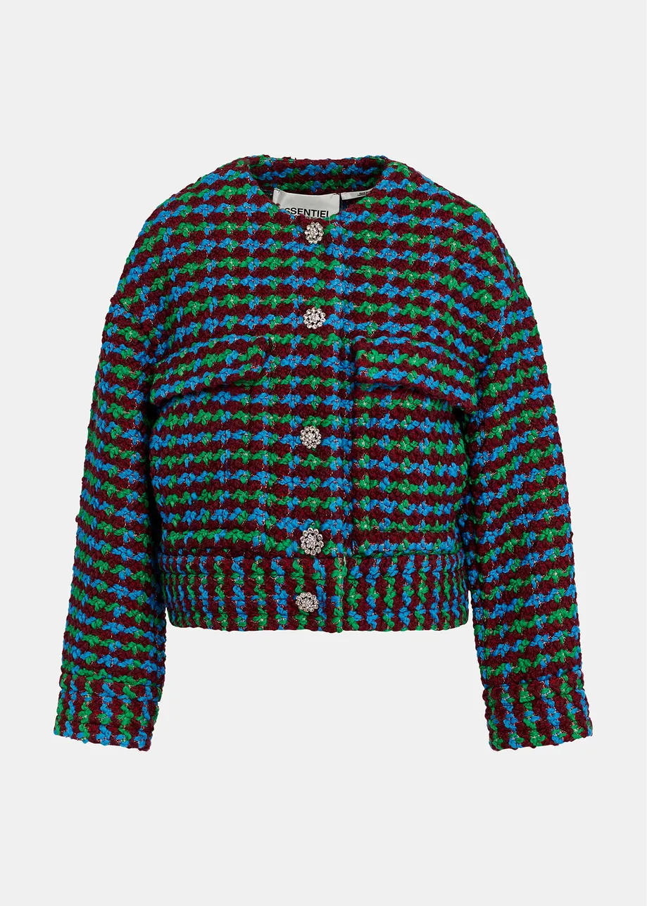 Veste en tweed de laine mélangée bordeaux, bleue et verte