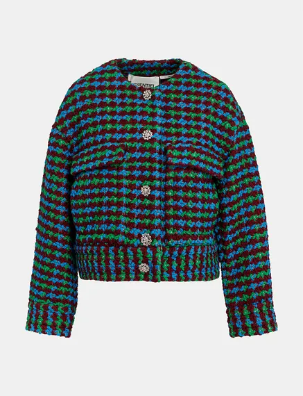 Veste en tweed de laine mélangée bordeaux, bleue et verte