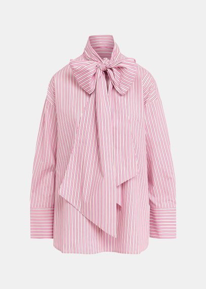 Camicia in cotone a righe bianche e rosa con fiocco a cravatta