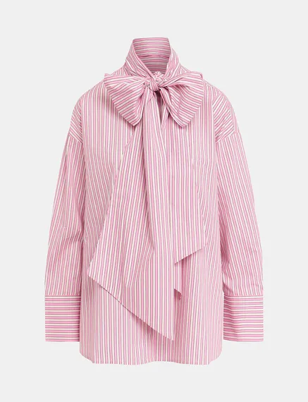 Camicia in cotone a righe bianche e rosa con fiocco a cravatta