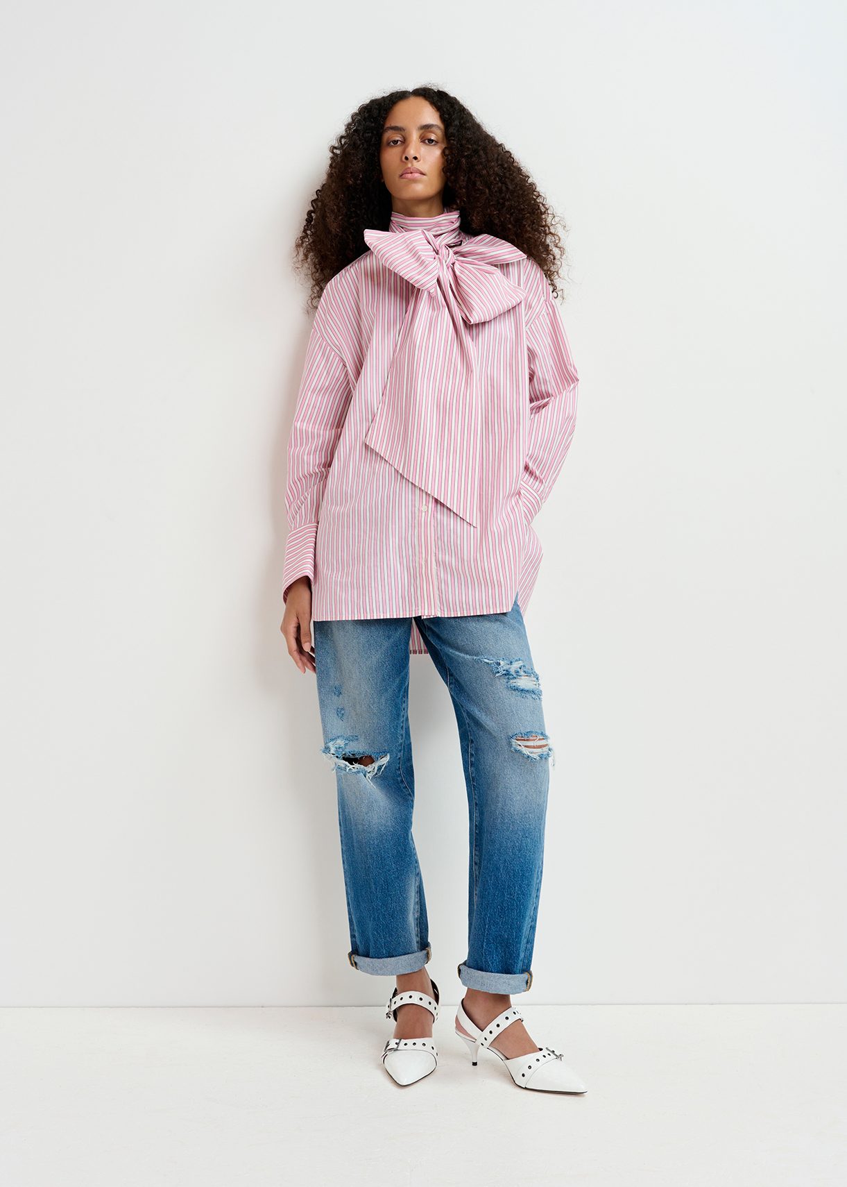 Pink and white striped cotton shirt with pussy bow | Essentiel