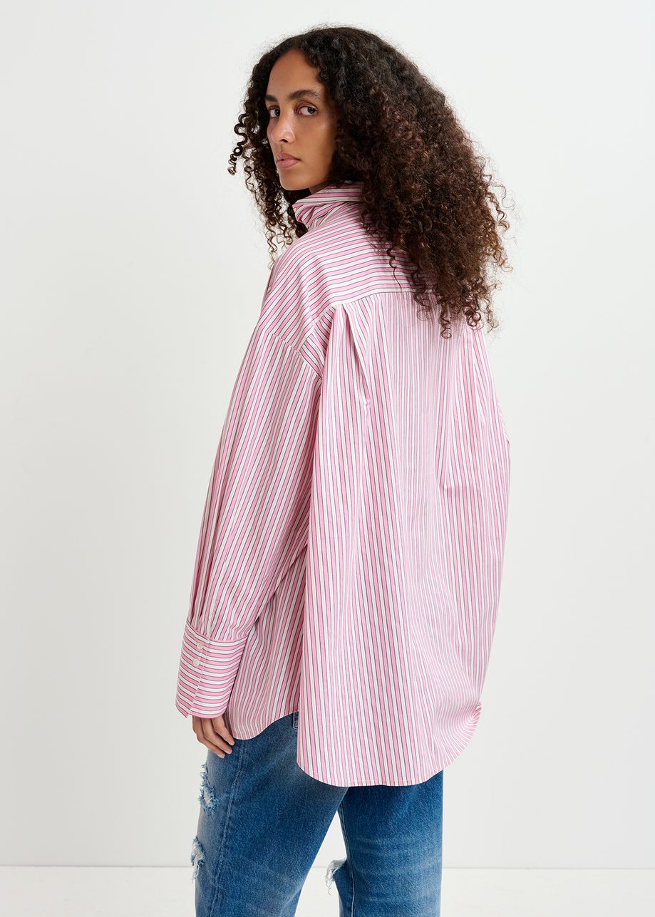 Pink and white striped cotton shirt with pussy bow