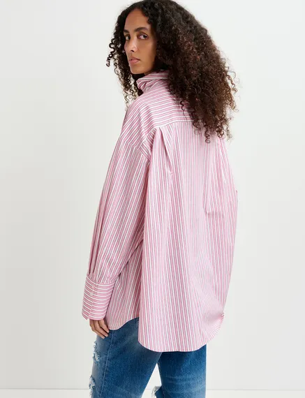 Pink and white striped cotton shirt with pussy bow