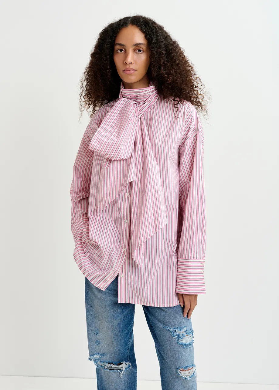 Chemise lavallière en coton à rayures rose et blanche