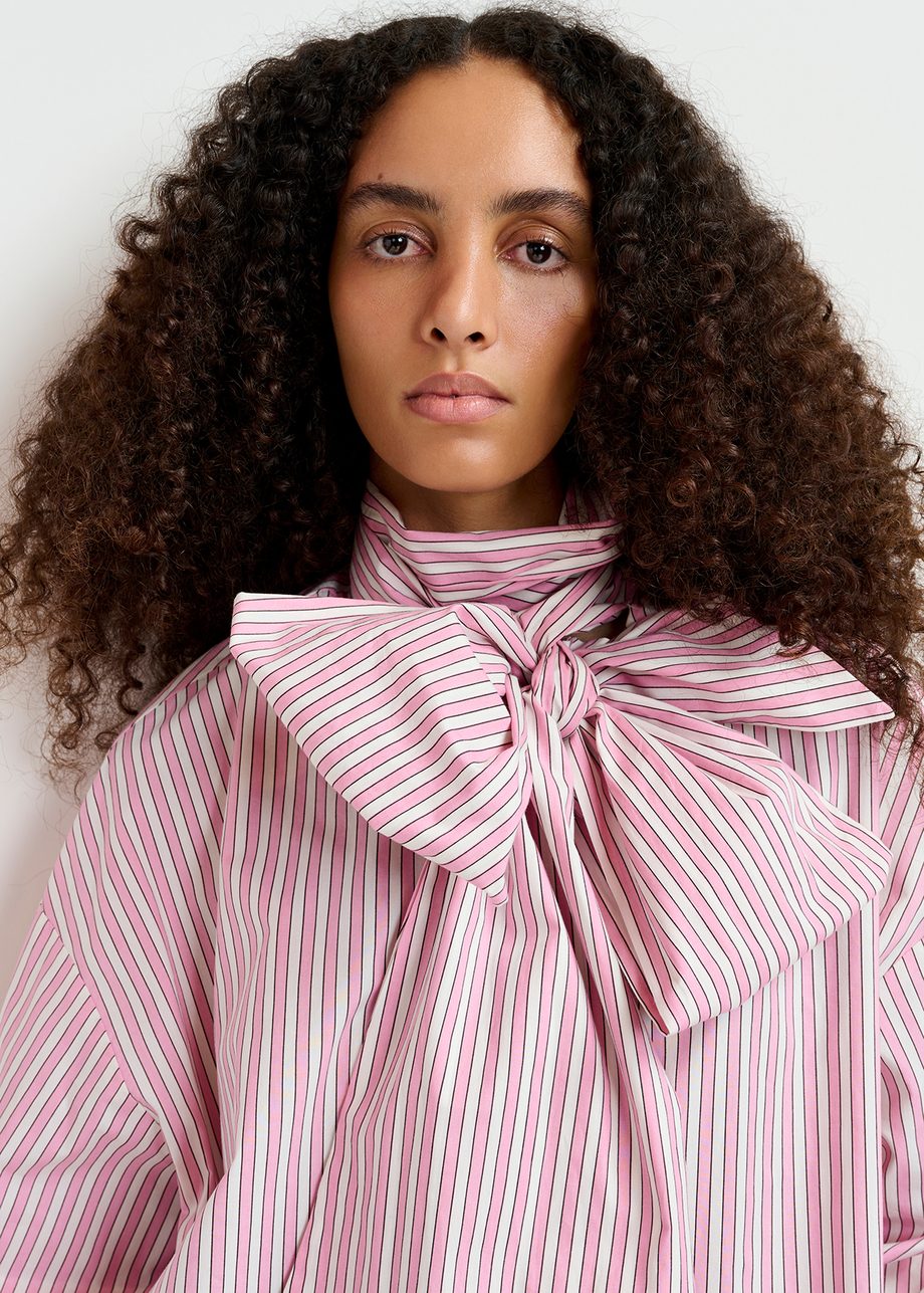 Pink and white striped cotton shirt with pussy bow