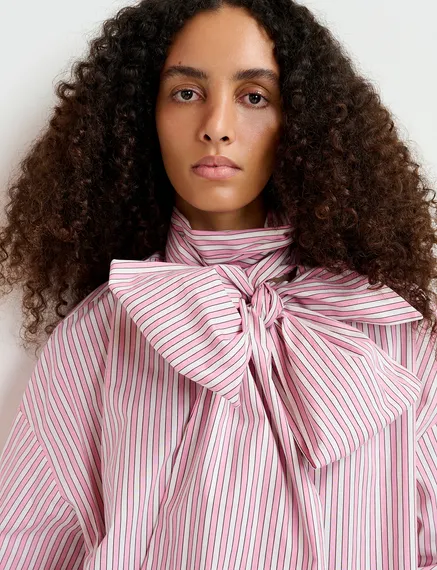 Pink and white striped cotton shirt with pussy bow