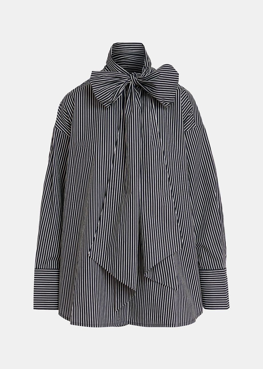 Black and white striped cotton shirt with pussy bow