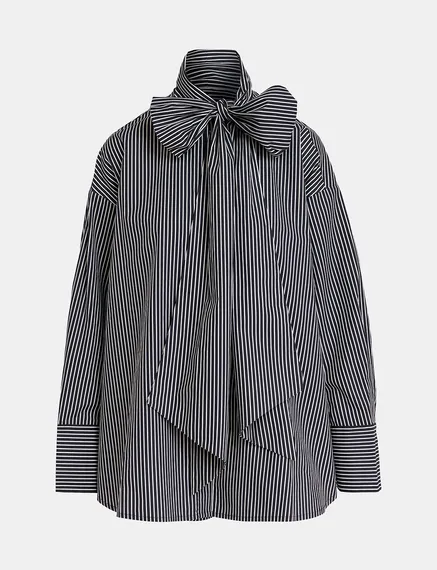 Black and white striped cotton shirt with pussy bow