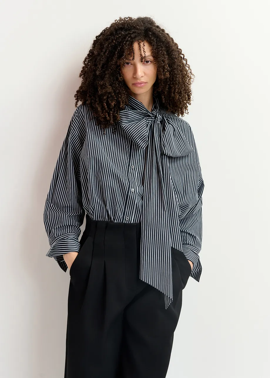 Black and white striped cotton shirt with pussy bow