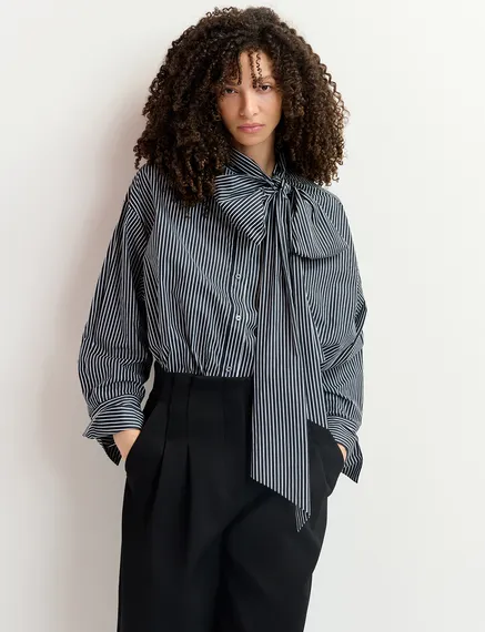 Black and white striped cotton shirt with pussy bow