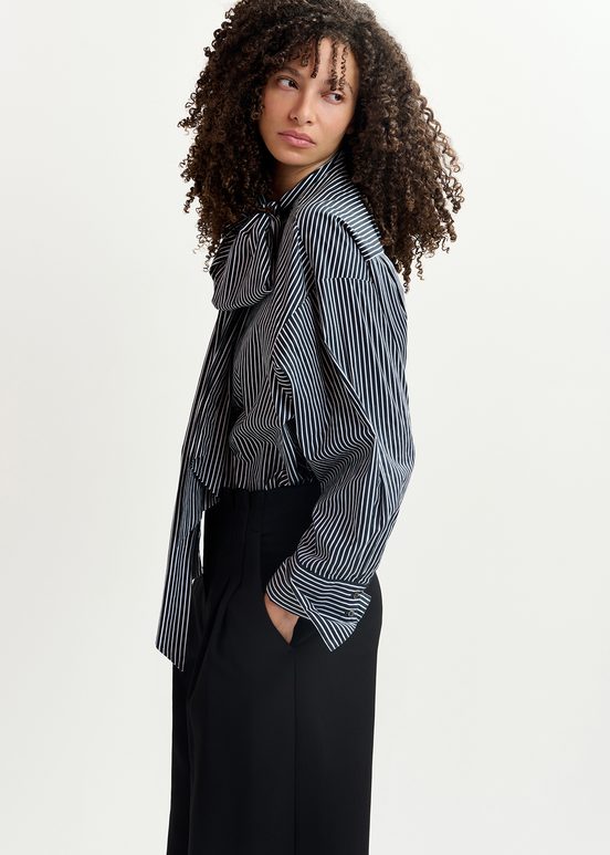 Black and white striped cotton shirt with pussy bow