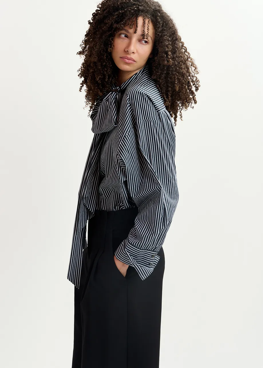 Black and white striped cotton shirt with pussy bow