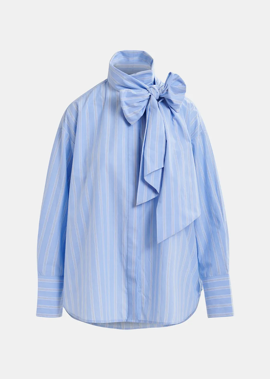 Blue, white and black striped cotton shirt with pussy bow