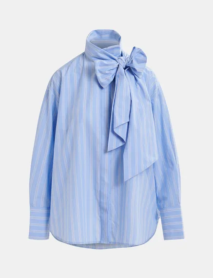 Blue, white and black striped cotton shirt with pussy bow