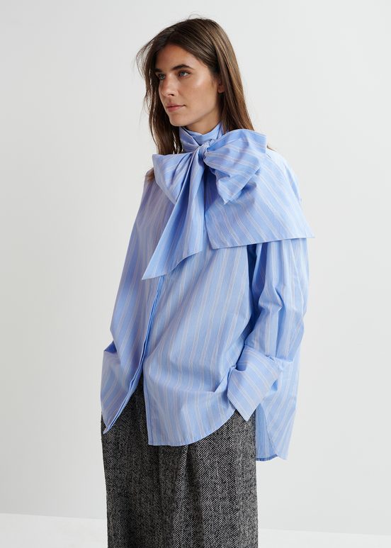 Blue, white and black striped cotton shirt with pussy bow