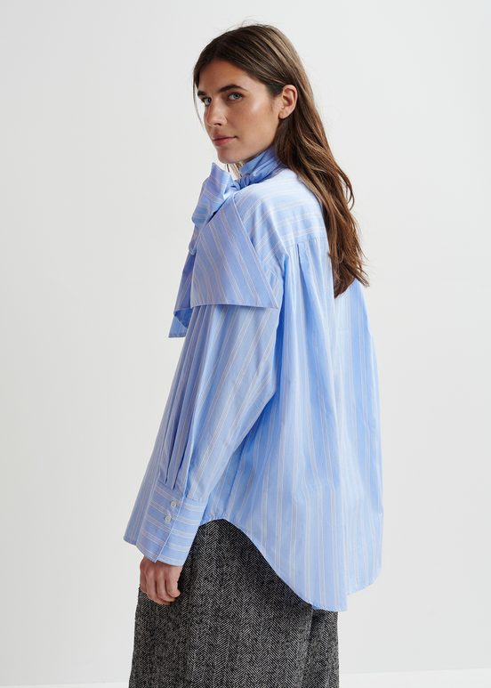 Blue, white and black striped cotton shirt with pussy bow