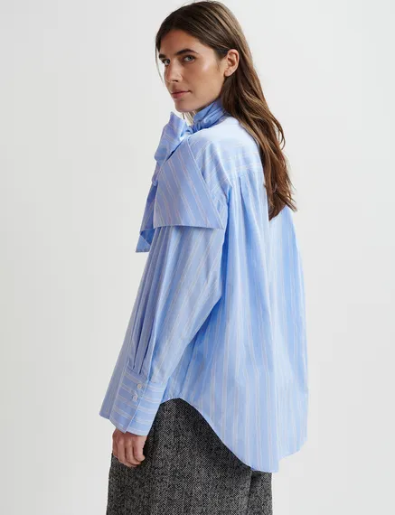 Blue, white and black striped cotton shirt with pussy bow