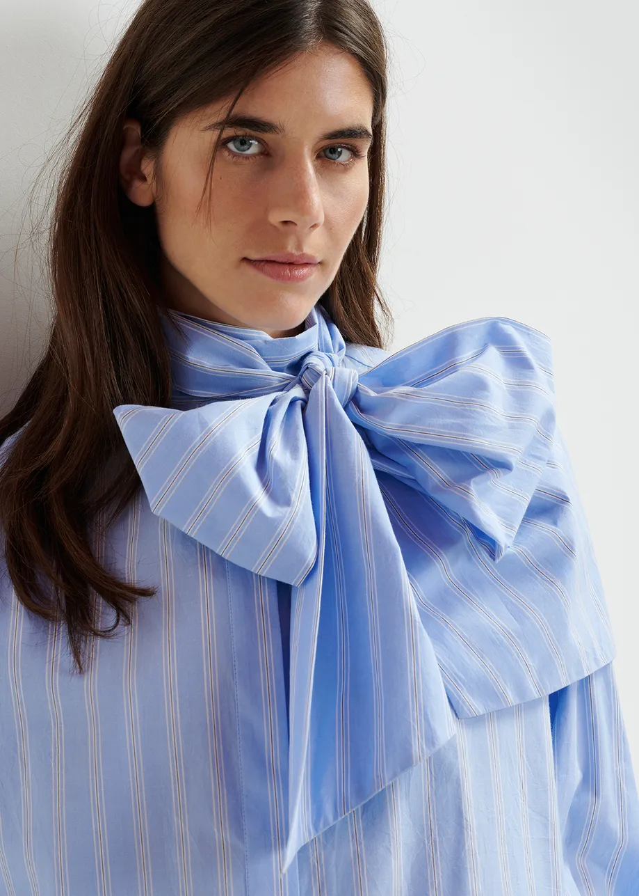 Blue, white and black striped cotton shirt with pussy bow