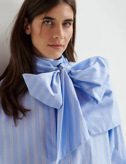 Blue, white and black striped cotton shirt with pussy bow