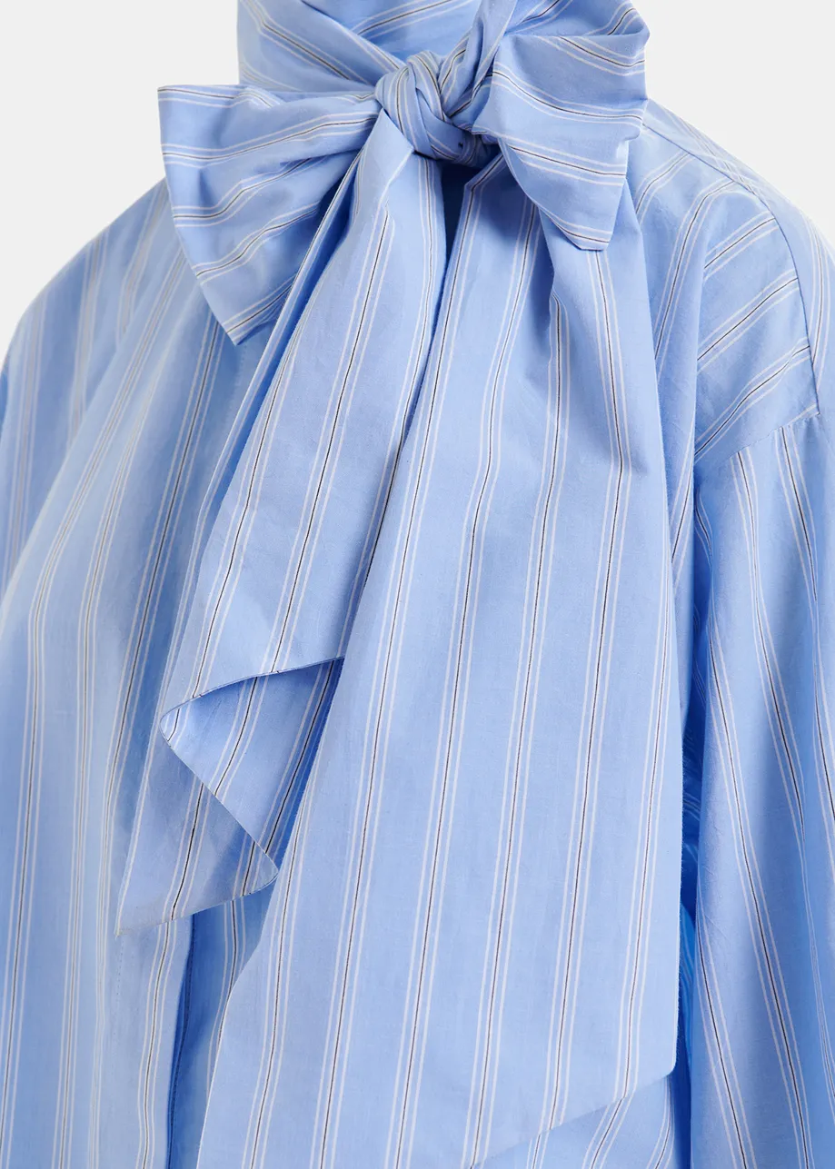 Blue, white and black striped cotton shirt with pussy bow