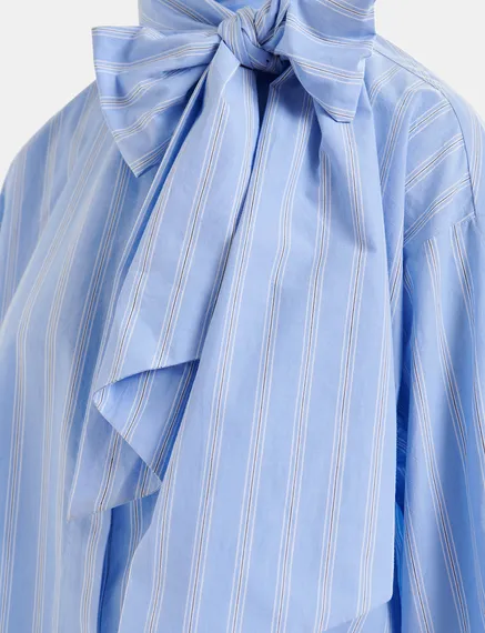 Blue, white and black striped cotton shirt with pussy bow