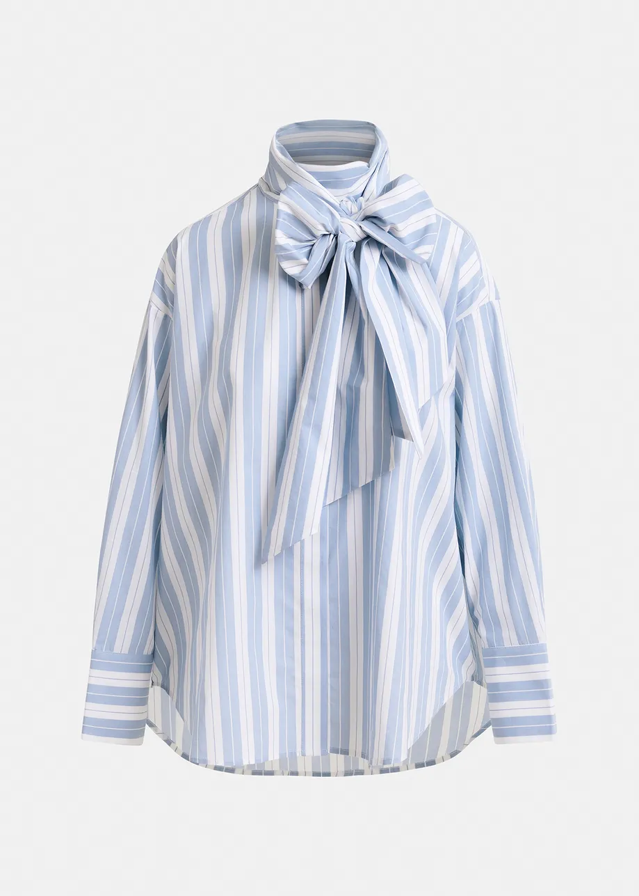 Blue and white striped cotton shirt with pussy bow