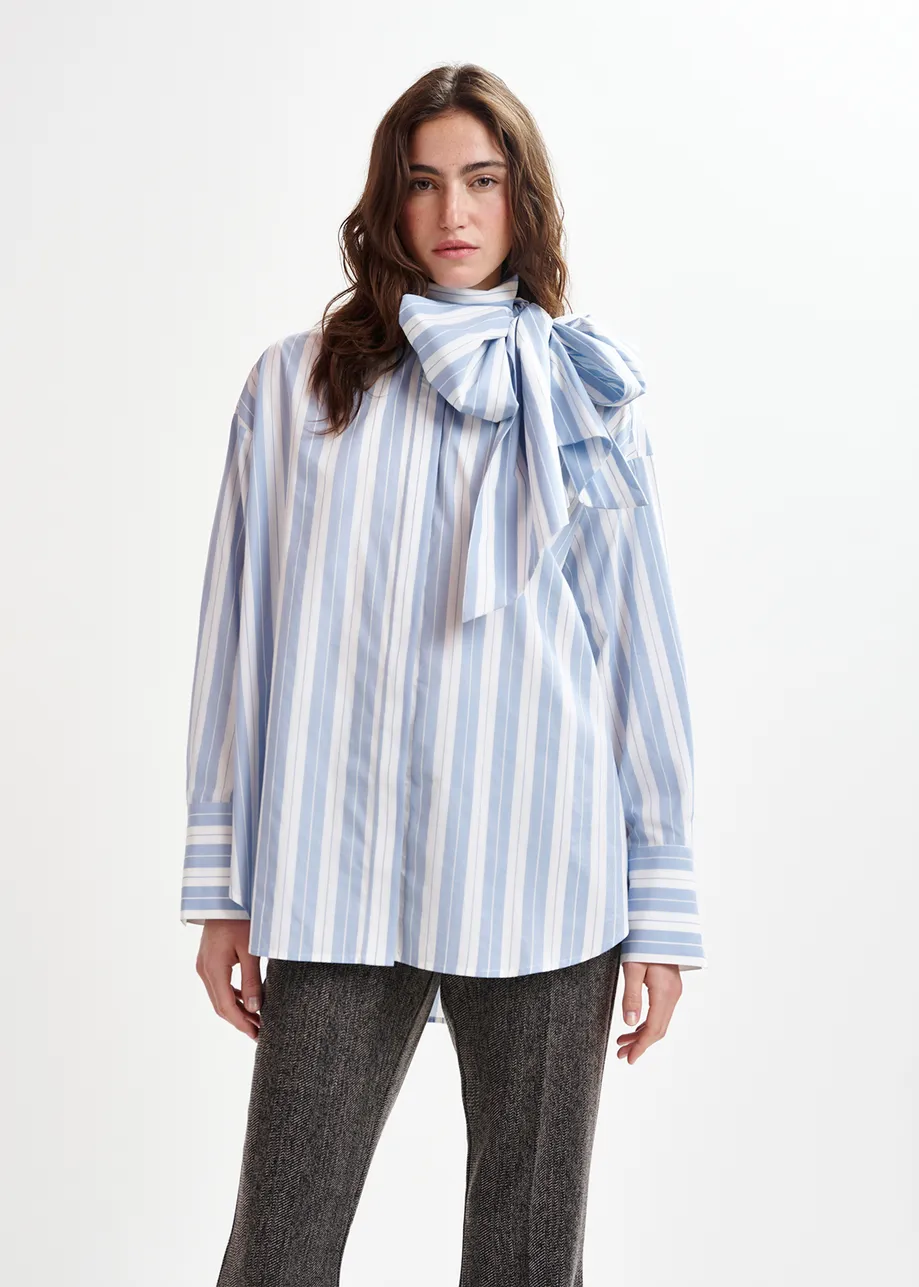 Blue and white striped cotton shirt with pussy bow