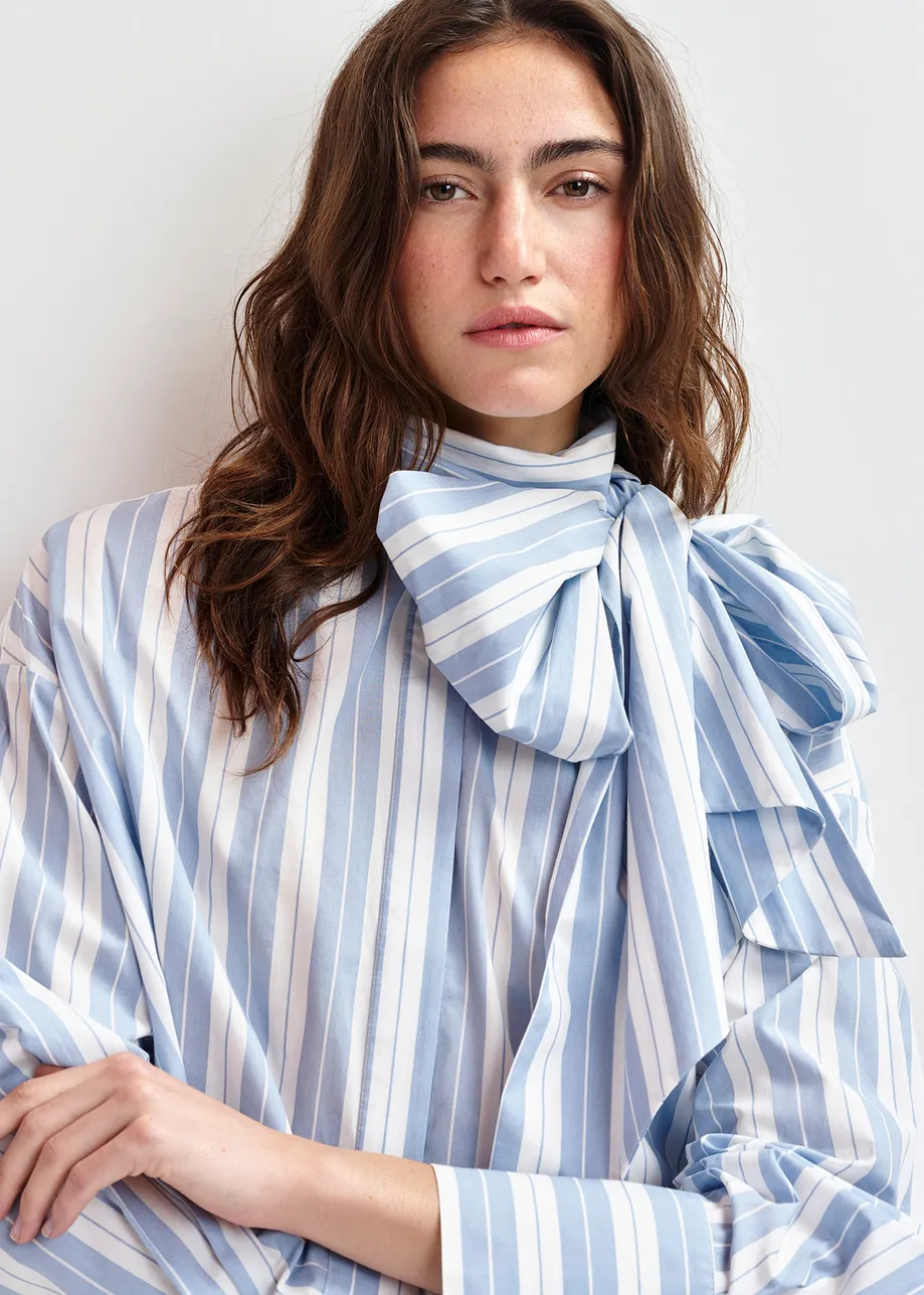 Blue and white striped cotton shirt with pussy bow