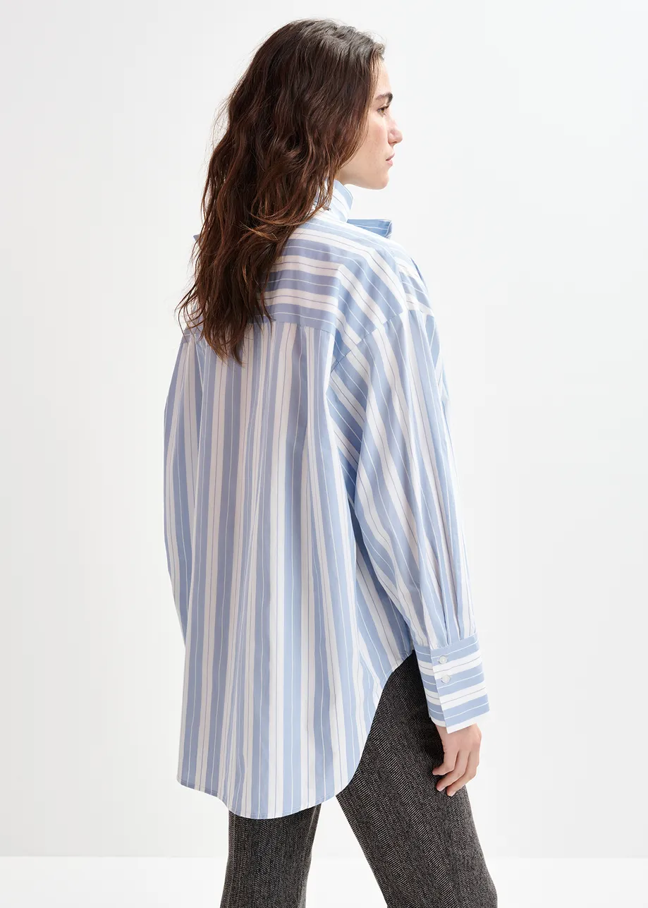 Blue and white striped cotton shirt with pussy bow