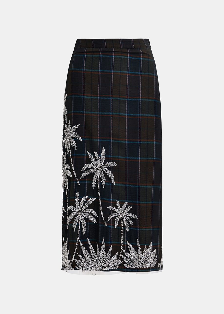 Dark khaki and navy blue checked mesh midi skirt with embroidery