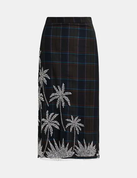 Dark khaki and navy blue checked mesh midi skirt with embroidery