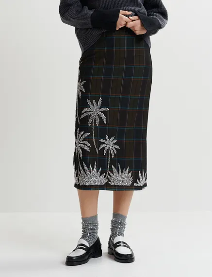 Dark khaki and navy blue checked mesh midi skirt with embroidery