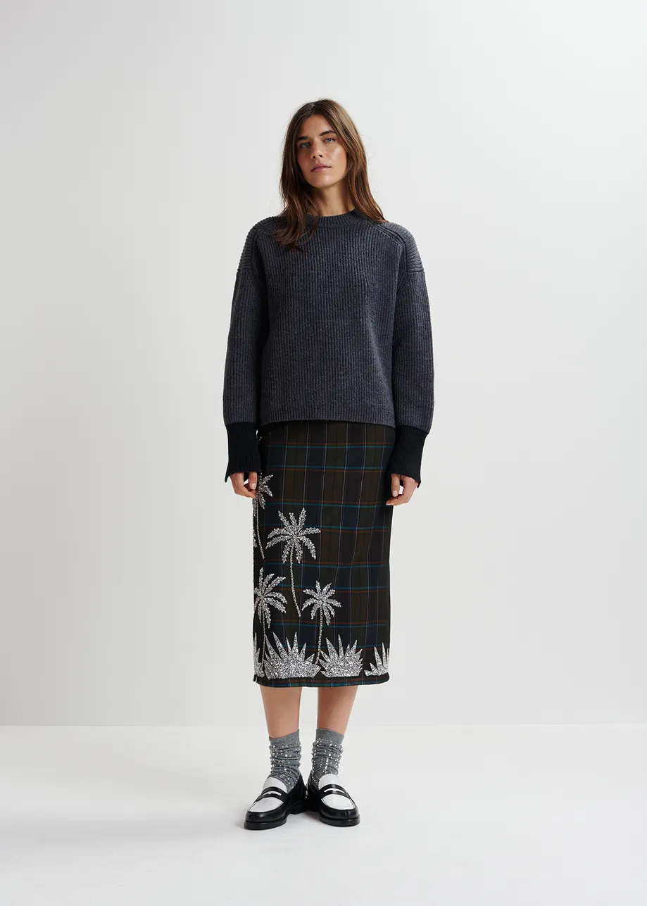 Dark khaki and navy blue checked mesh midi skirt with embroidery