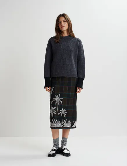 Dark khaki and navy blue checked mesh midi skirt with embroidery