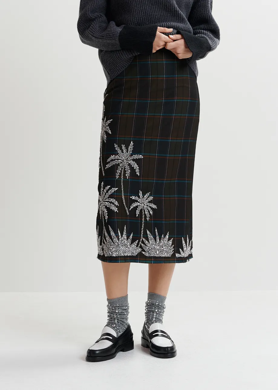 Dark khaki and navy blue checked mesh midi skirt with embroidery