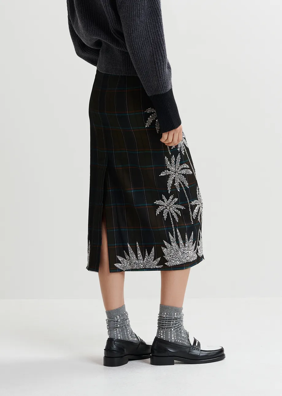 Dark khaki and navy blue checked mesh midi skirt with embroidery