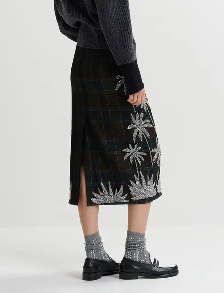 Dark khaki and navy blue checked mesh midi skirt with embroidery