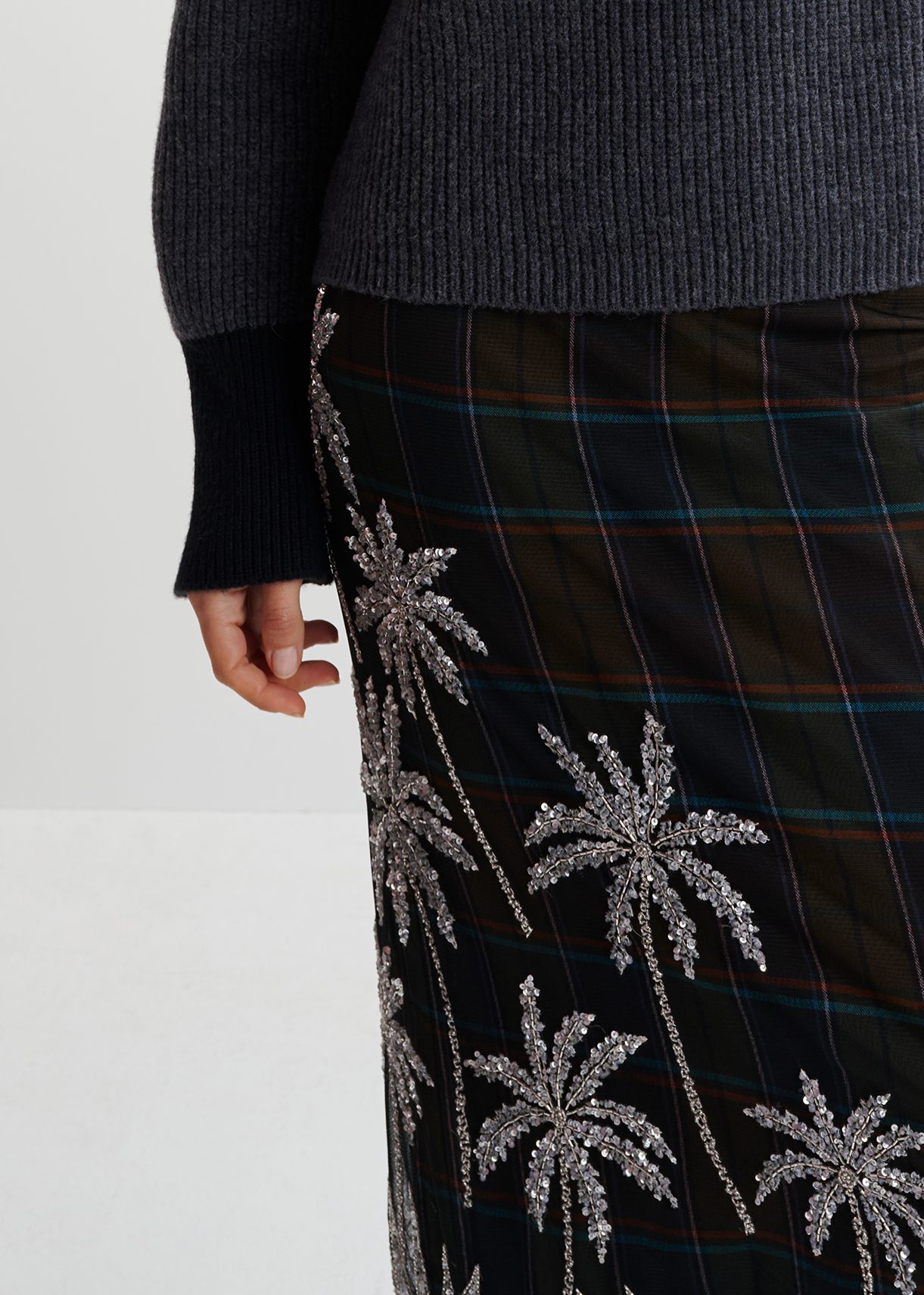 Dark khaki and navy blue checked mesh midi skirt with