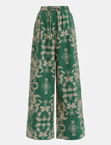 Beige and dark green wide-leg pants with geometric print