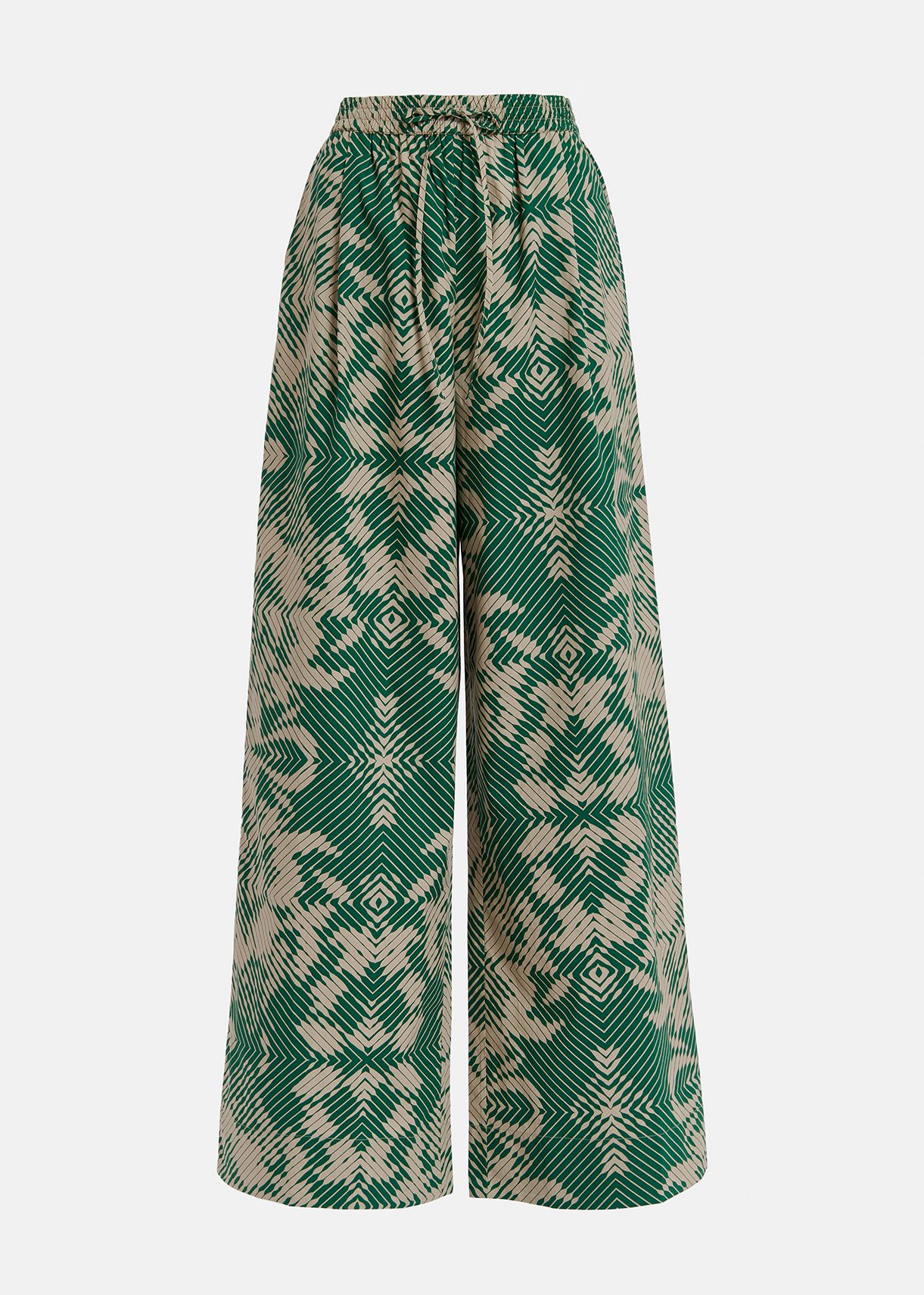 Beige and dark green wide-leg pants with geometric print