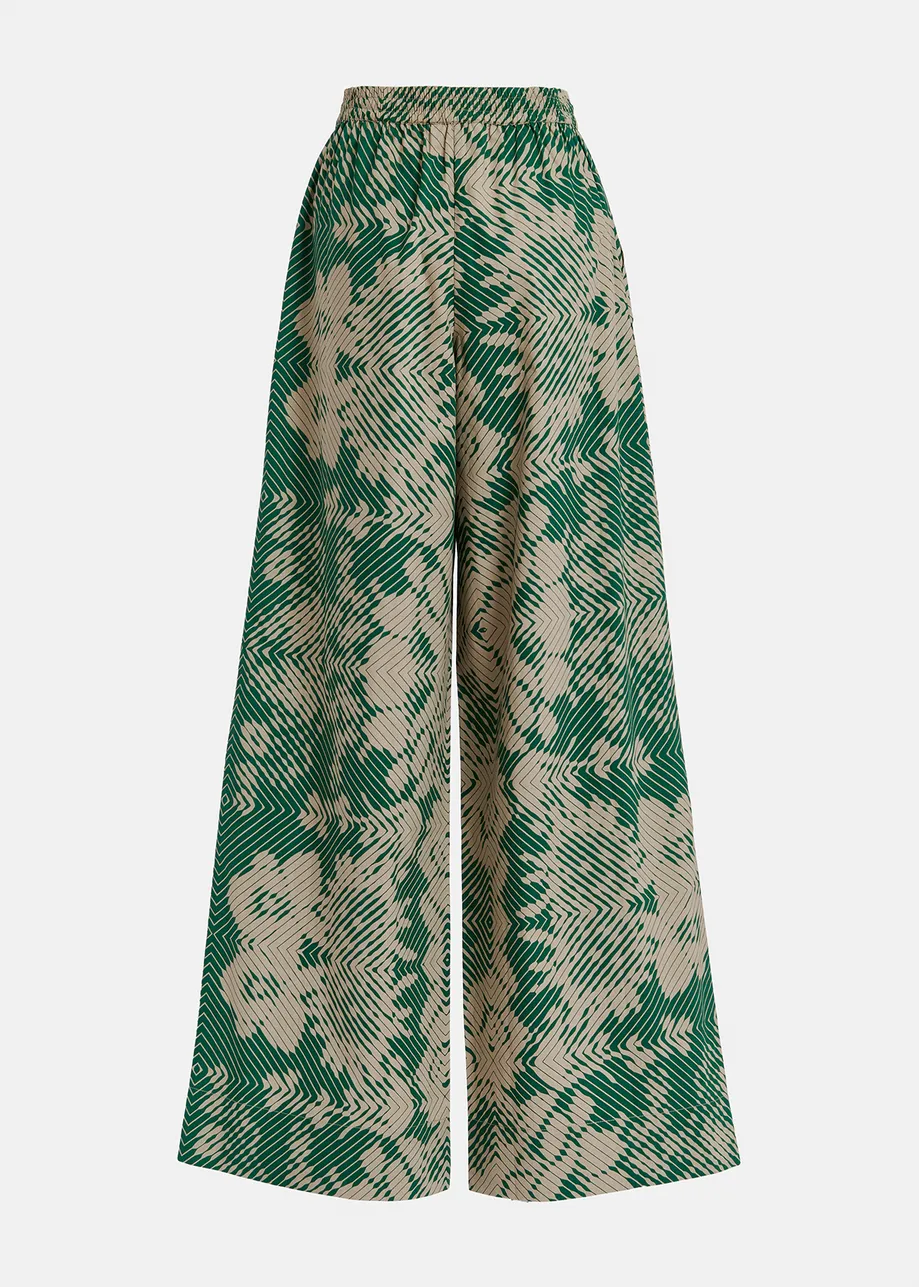 Beige and dark green wide-leg pants with geometric print