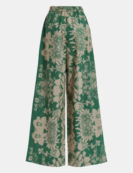 Beige and dark green wide-leg pants with geometric print